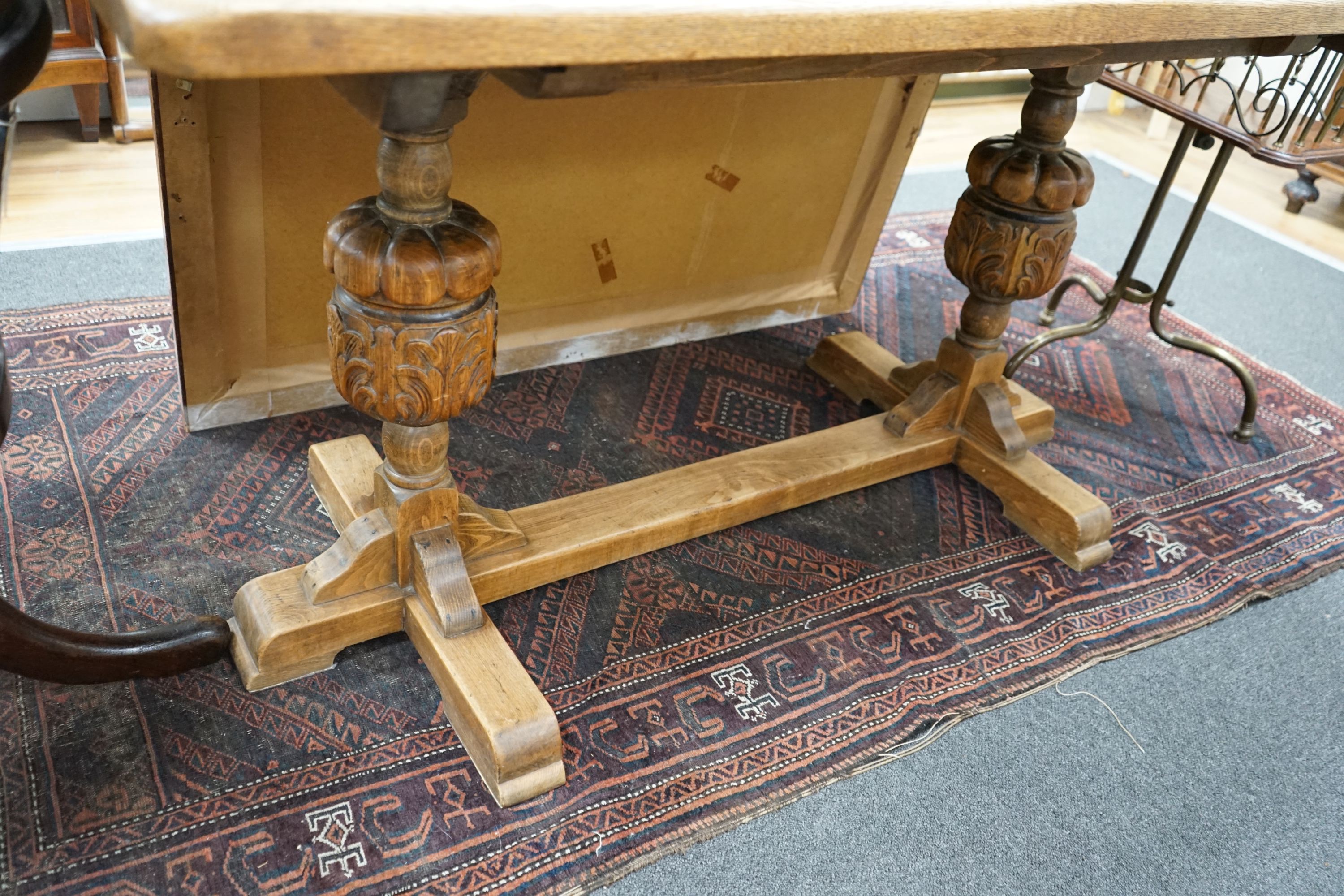 A small 1920s light oak rectangular refectory dining table, width 138cm depth 68cm height 74cm